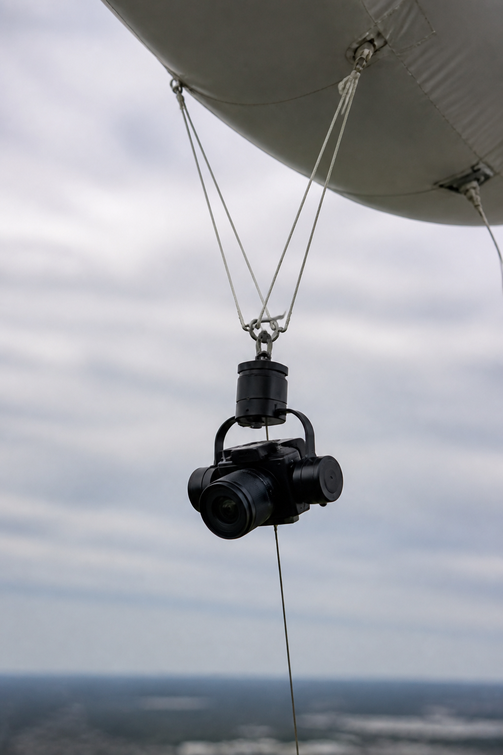 Close view of a camera pod slung beneath a helium blimp envelope: a mirrorless camera in a two axis remote head, hanging from four bridle lines that meet at a single attachment, with a thin tether continuing down out of frame