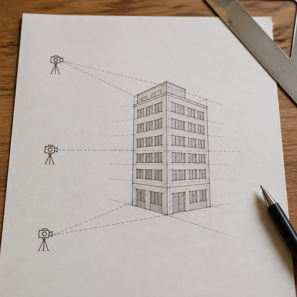 Diagram of a six storey building with three camera positions marked at ground level, at half the building height and above the roof, showing converging verticals from the low position and parallel verticals from the half height position