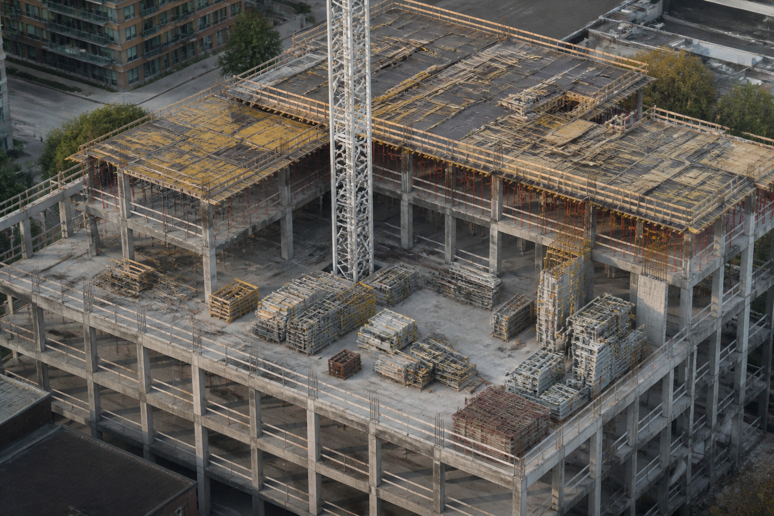 An oblique aerial view of a mid rise concrete frame under construction, tower crane at centre, formwork on the top two floors and stacked materials on the slab below, framed identically to a series of monthly photographs from the same station