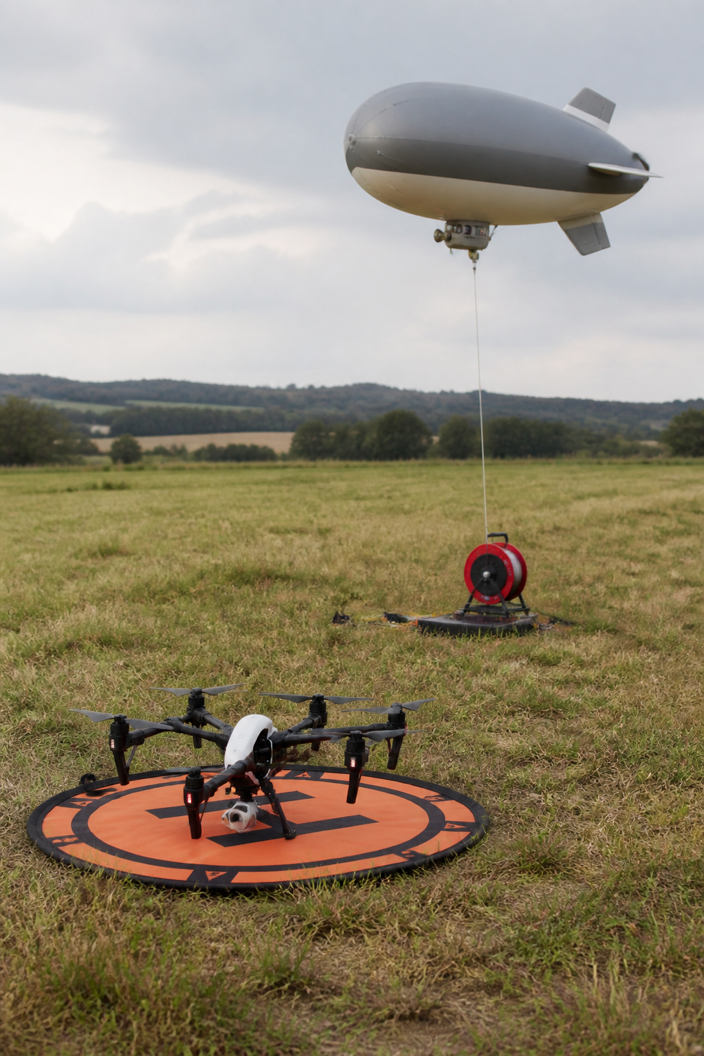 Two aerial camera platforms photographed on the same open field: a four rotor drone resting on a landing pad in the foreground, and behind it a small helium blimp on a short tether with its ground winch, showing the difference in ground footprint