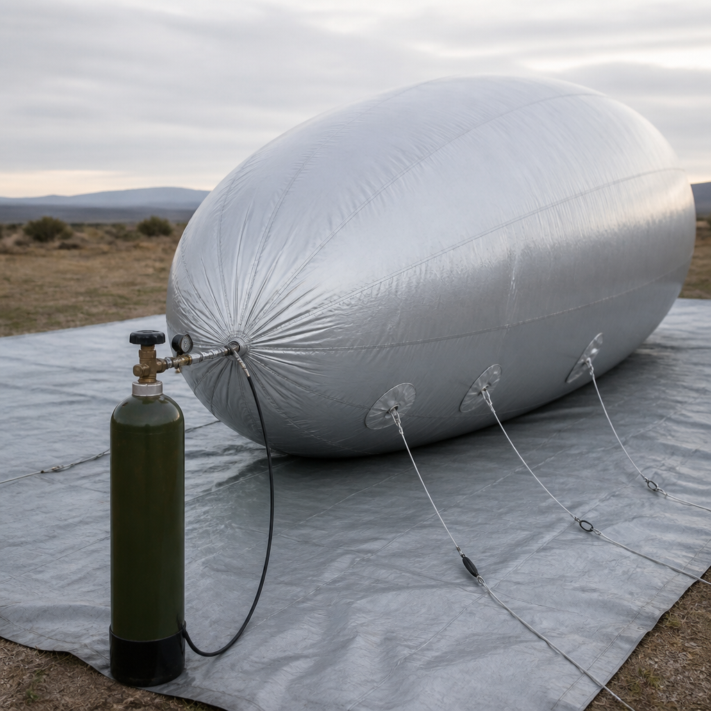 A partly inflated silver grey blimp envelope lying on a tarpaulin on open ground, a helium cylinder with a regulator and hose at its nose, and four bridle lines already clipped to reinforced patches along its underside