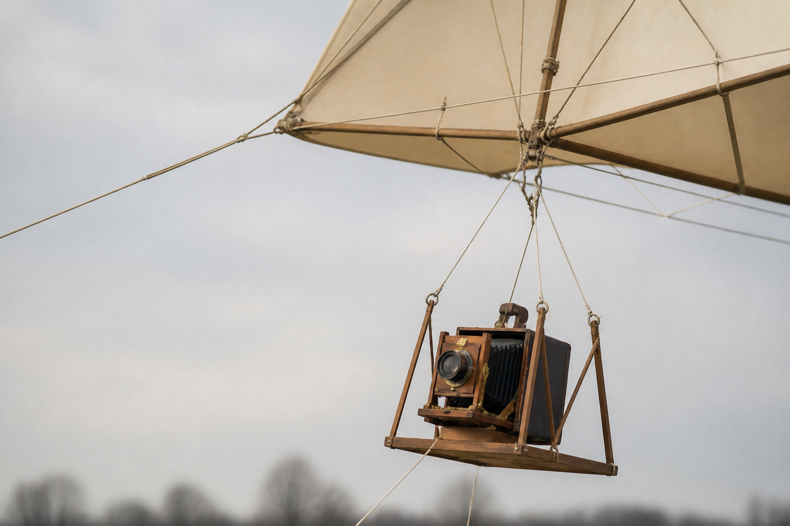 A wooden and brass plate camera suspended in a lightweight timber cradle beneath the bridle of a large box kite, photographed against a pale sky, in the manner of early twentieth century kite aerial photography equipment