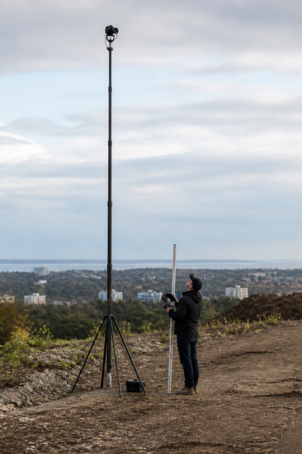 A telescopic carbon mast extended from a tripod on a cleared development site, a camera on a motorised head at the top, and a technician at the base holding a monitor and a levelling staff used to reference the camera height