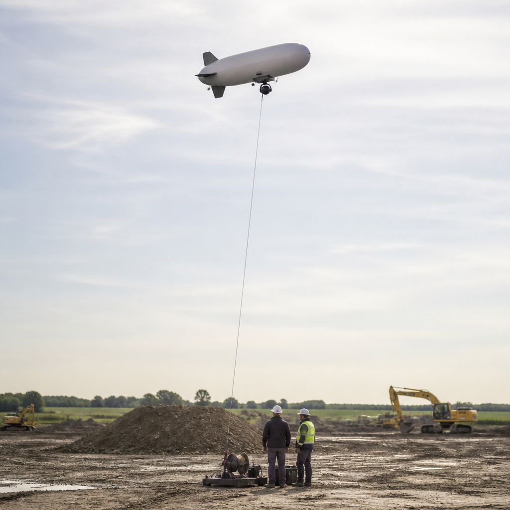 A small helium blimp shaped like a fat cigar hovers about two hundred feet above a flat construction site, held by a single thin tether running down to a winch and a two person ground crew, with a camera pod slung beneath the envelope
